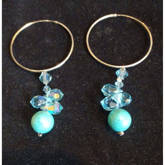 Sterling Silver Dangling Hoop Earrings Turquoise Beaded Native American Jewelry - Picture 2 of 4